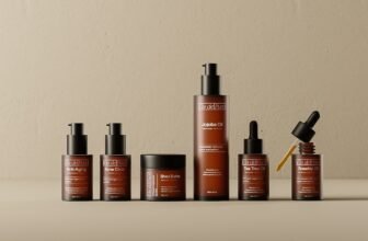 A flat lay of skincare products including cleanser, moisturizer, and sunscreen on a marble surface with natural light.