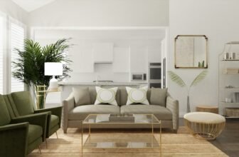 A beautifully arranged living room featuring modern furniture, decorative plants, and cozy textiles, creating an inviting atmosphere.