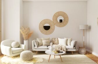 A cozy living room with stylish decor elements like cushions, plants, and artwork.